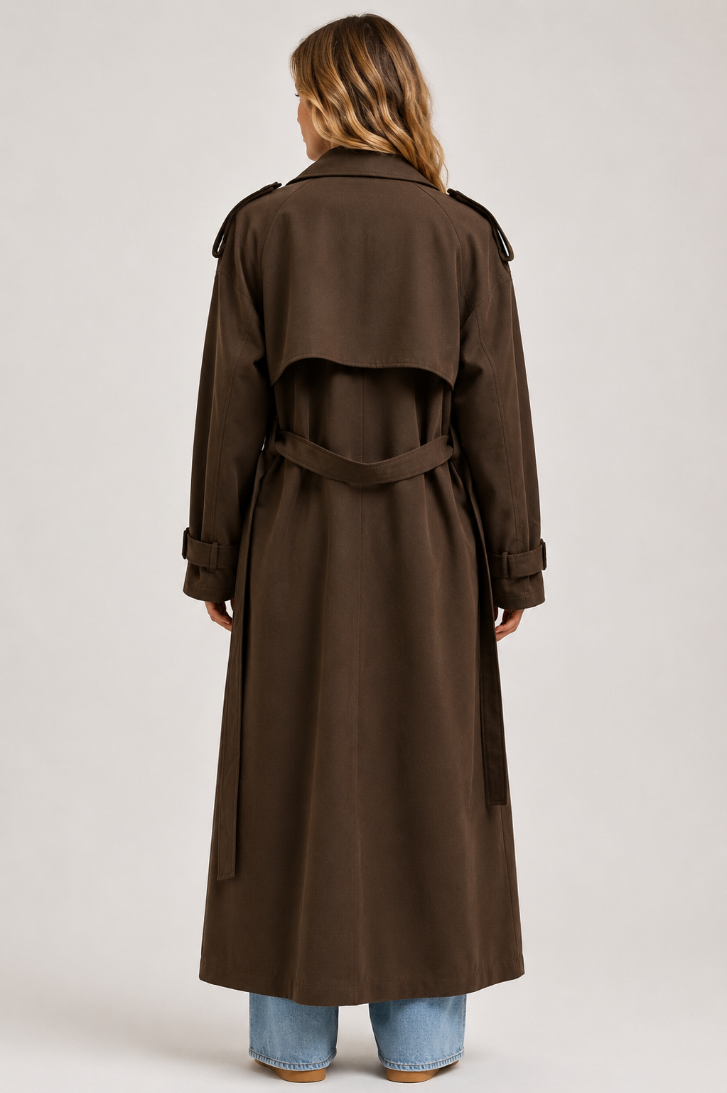 Women's Double Breasted Belted Long Trench Coat Elegant British Style Lapel Overcoat for Autumn & Winter