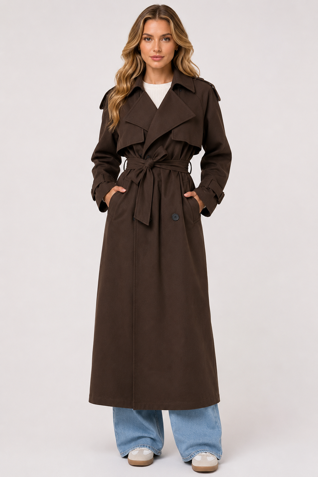 Women's Double Breasted Belted Long Trench Coat Elegant British Style Lapel Overcoat for Autumn & Winter