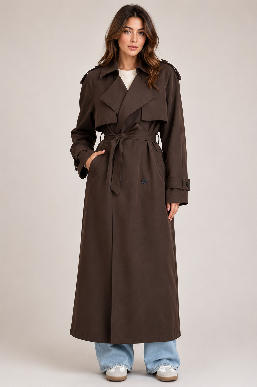 Women's Double Breasted Belted Long Trench Coat Elegant British Style Lapel Overcoat for Autumn & Winter