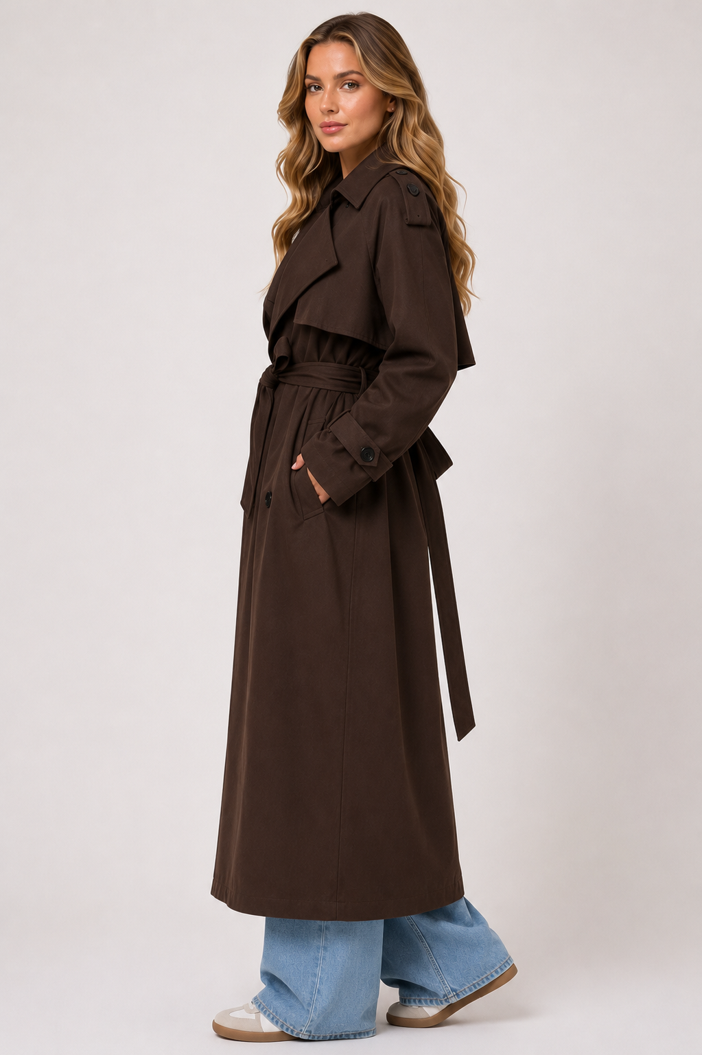 Women's Double Breasted Belted Long Trench Coat Elegant British Style Lapel Overcoat for Autumn & Winter