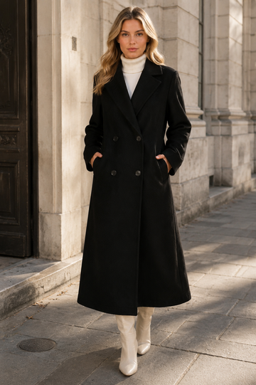 Women's Petite Double Breasted Wool Blend Coat  Elegant Winter Longline Overcoat with Lapel Collar
