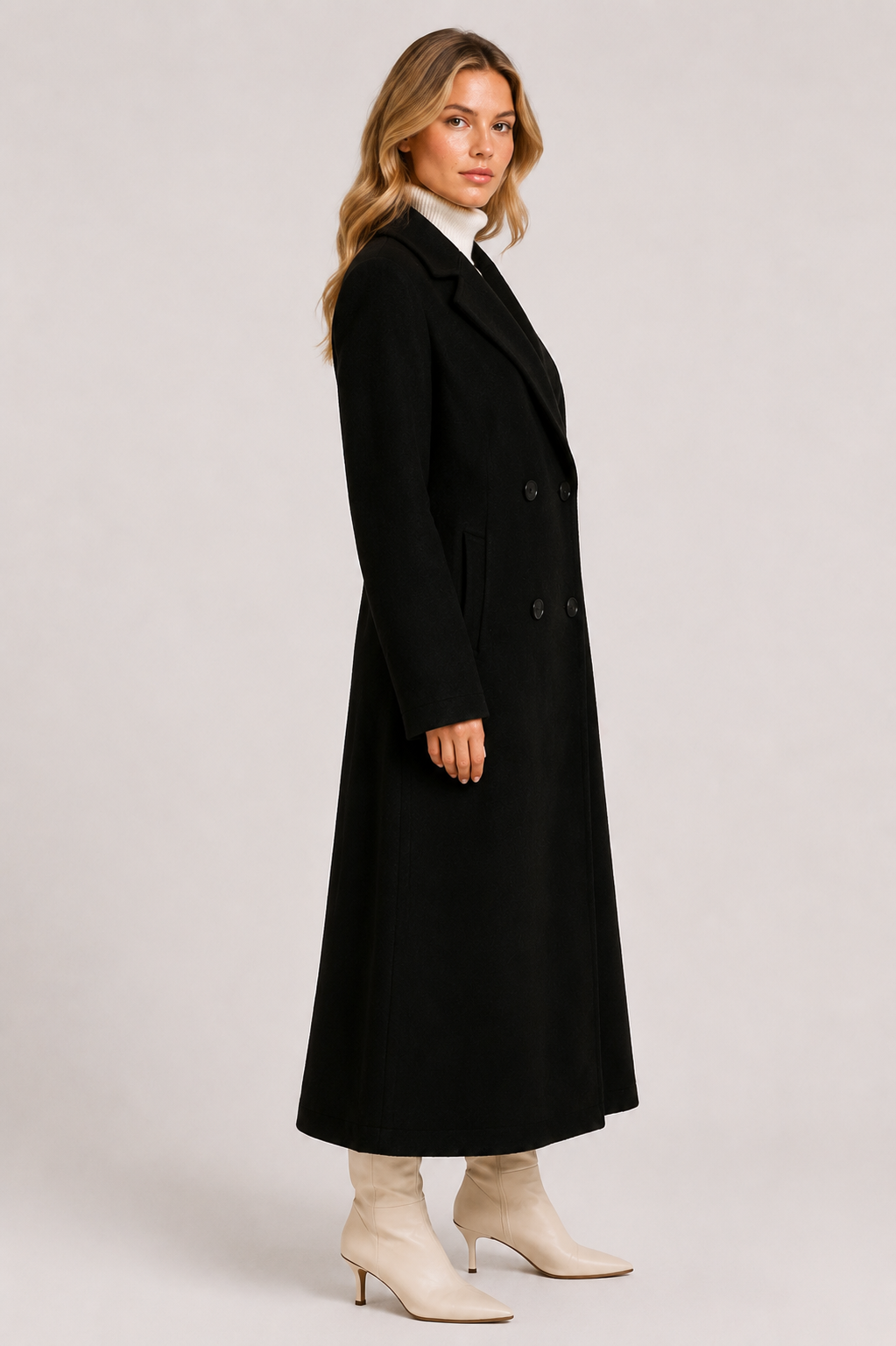 Women's Petite Double Breasted Wool Blend Coat  Elegant Winter Longline Overcoat with Lapel Collar