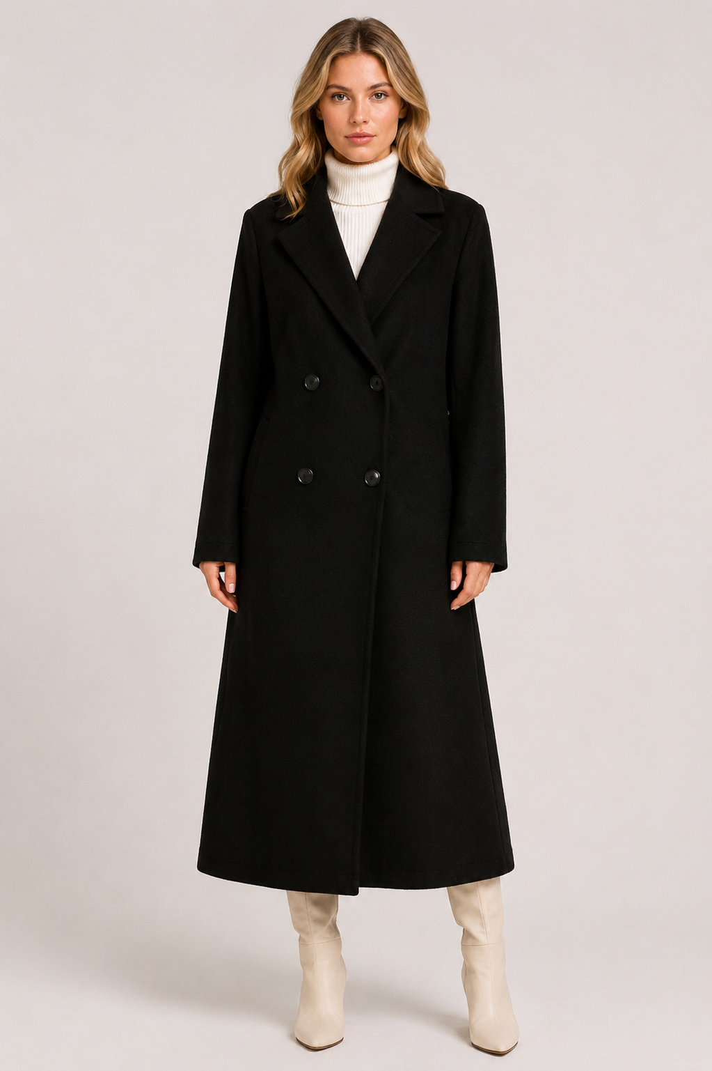 Women's Petite Double Breasted Wool Blend Coat  Elegant Winter Longline Overcoat with Lapel Collar