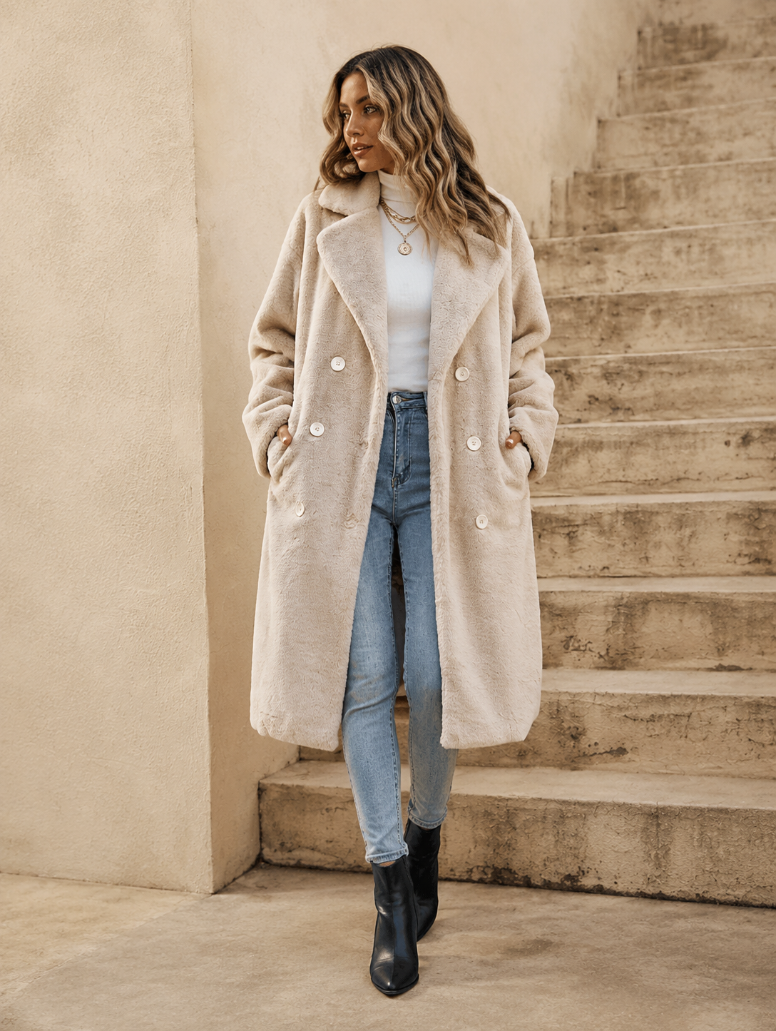 Women's Double Breasted Coat Soft Faux Sherpa Winter Long Overcoat