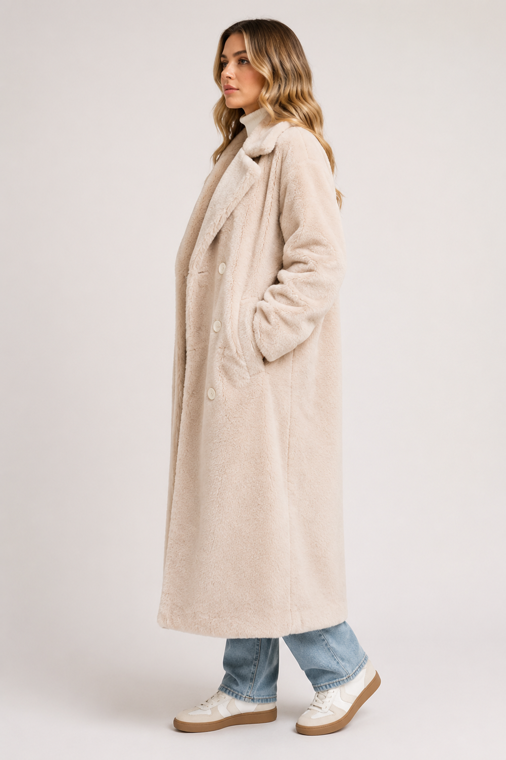 Women's Double Breasted Coat Soft Faux Sherpa Winter Long Overcoat