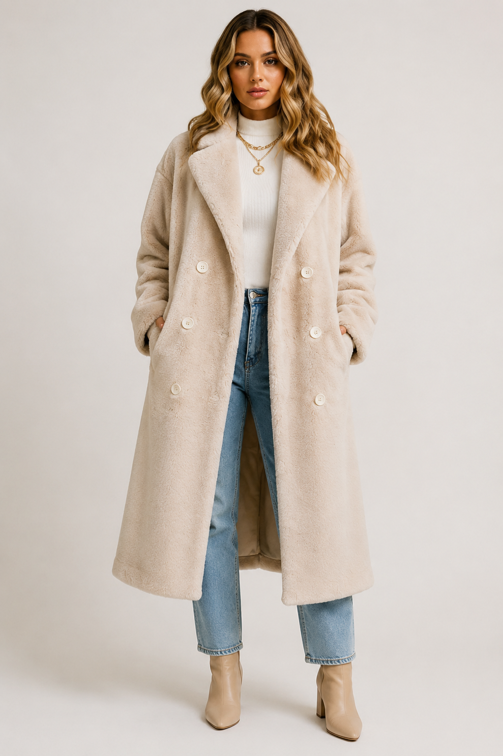 Women's Double Breasted Coat Soft Faux Sherpa Winter Long Overcoat