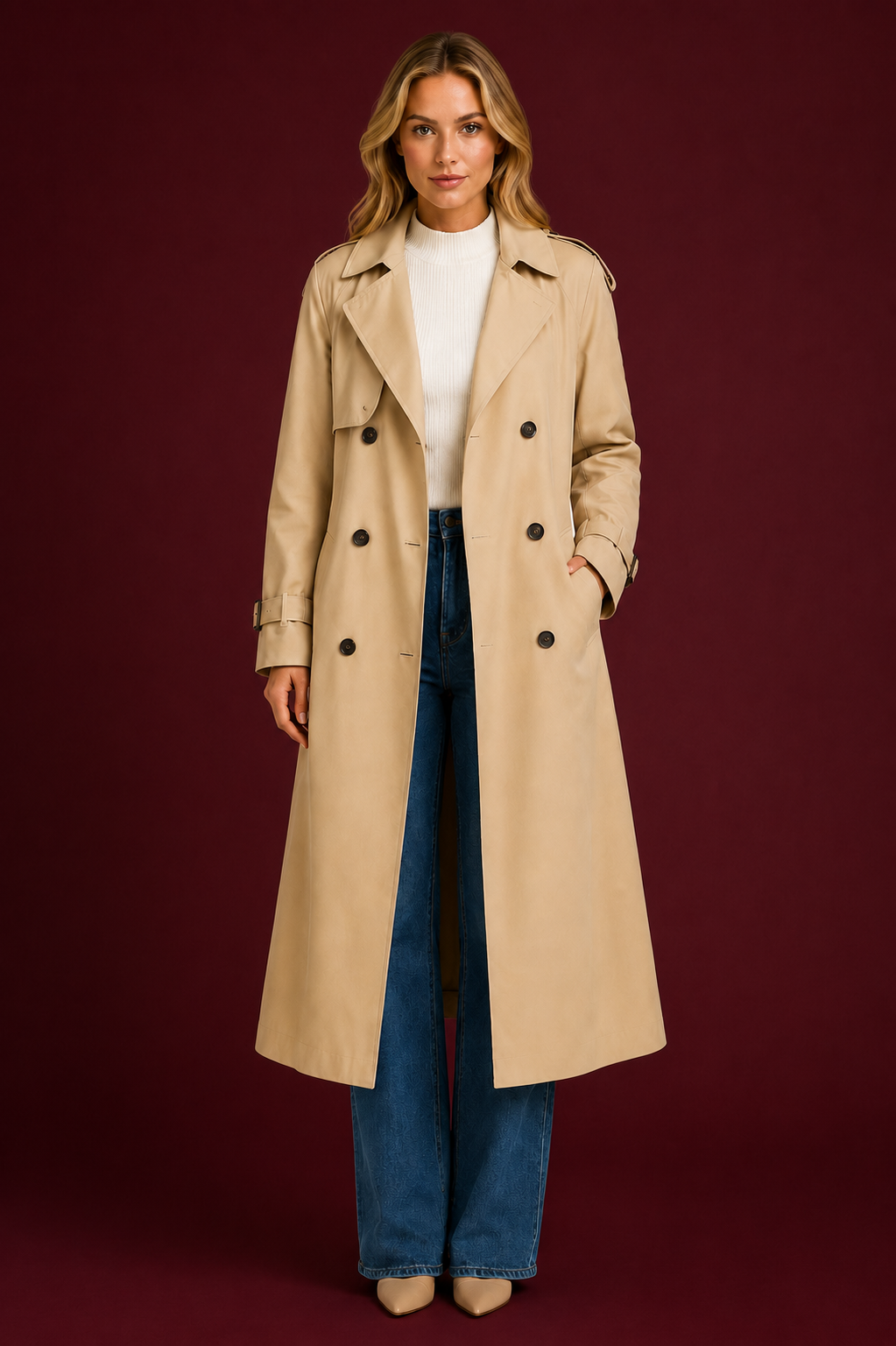 Women's Thermal Lined Belted Trench Coat Warm Long Winter Overcoat with Lapel Collar