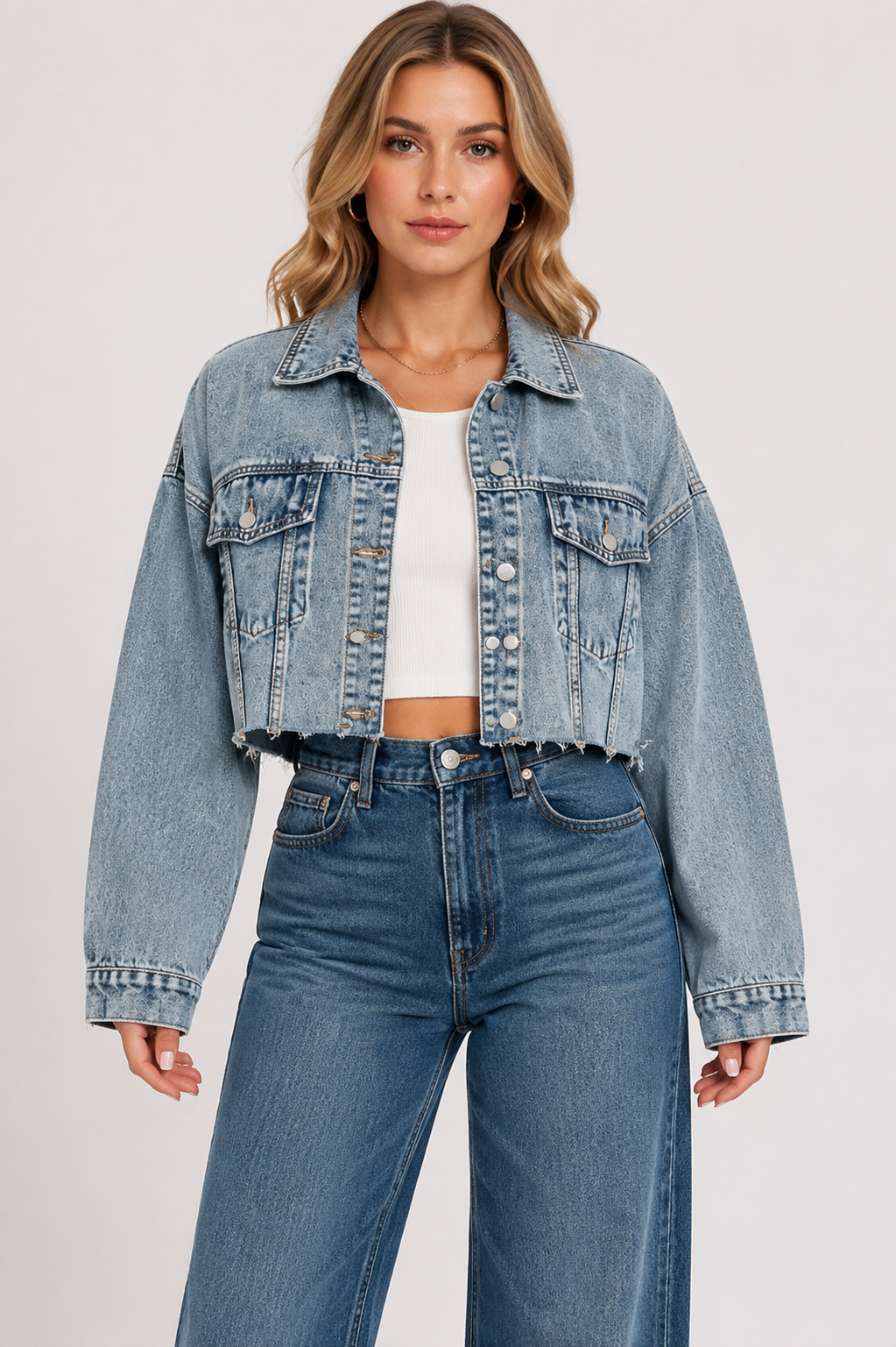 Women's Oversized Frayed Denim Jacket  Button Up Distressed Blue Jean Jacket with Pockets