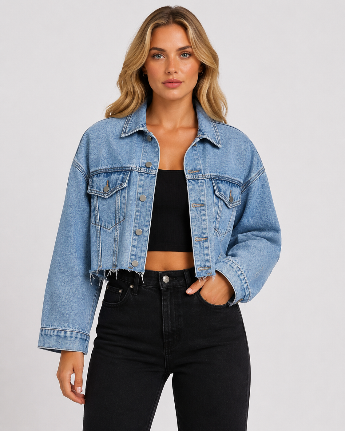 Women's Oversized Frayed Denim Jacket  Button Up Distressed Blue Jean Jacket with Pockets