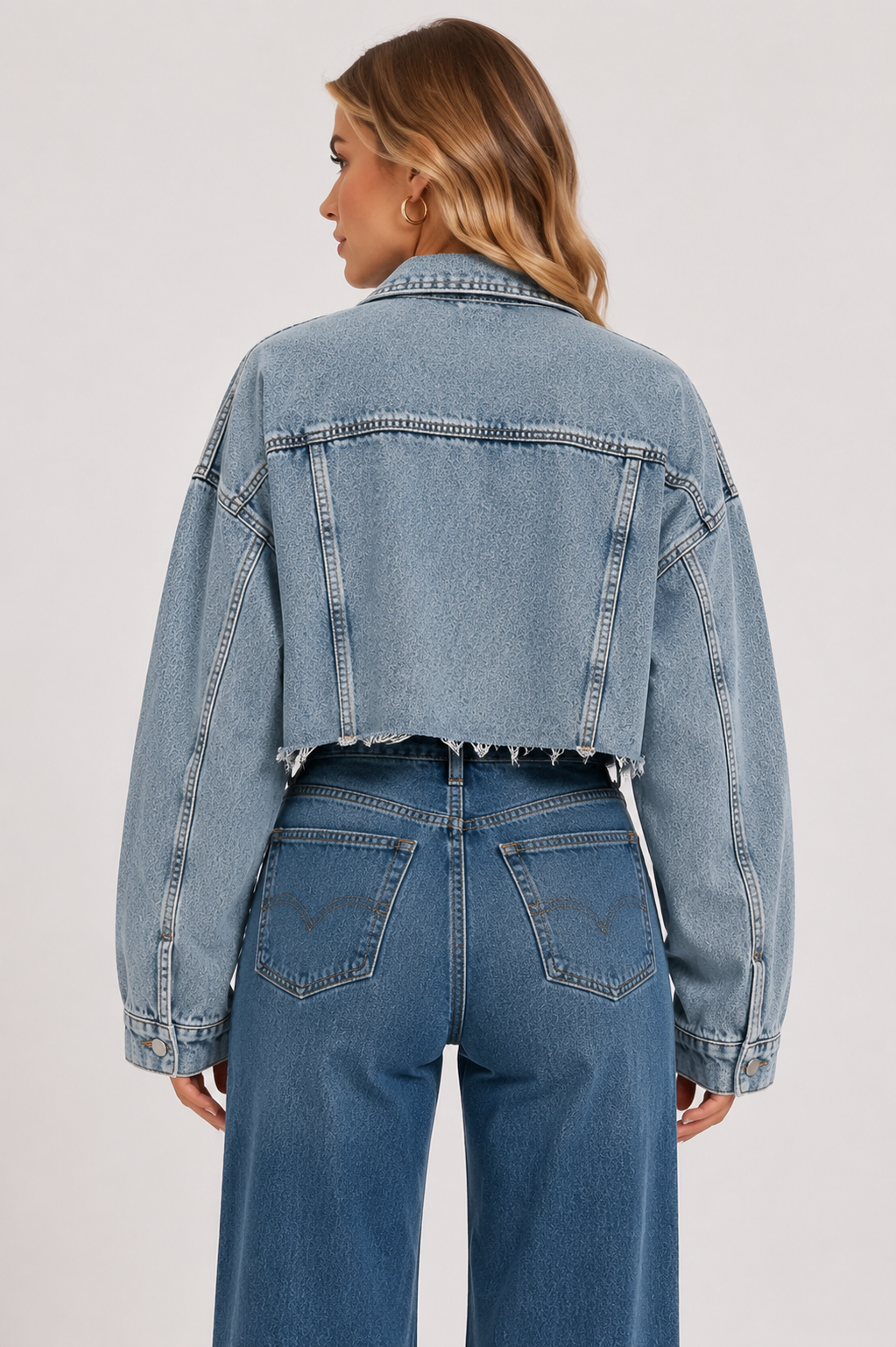 Women's Oversized Frayed Denim Jacket  Button Up Distressed Blue Jean Jacket with Pockets
