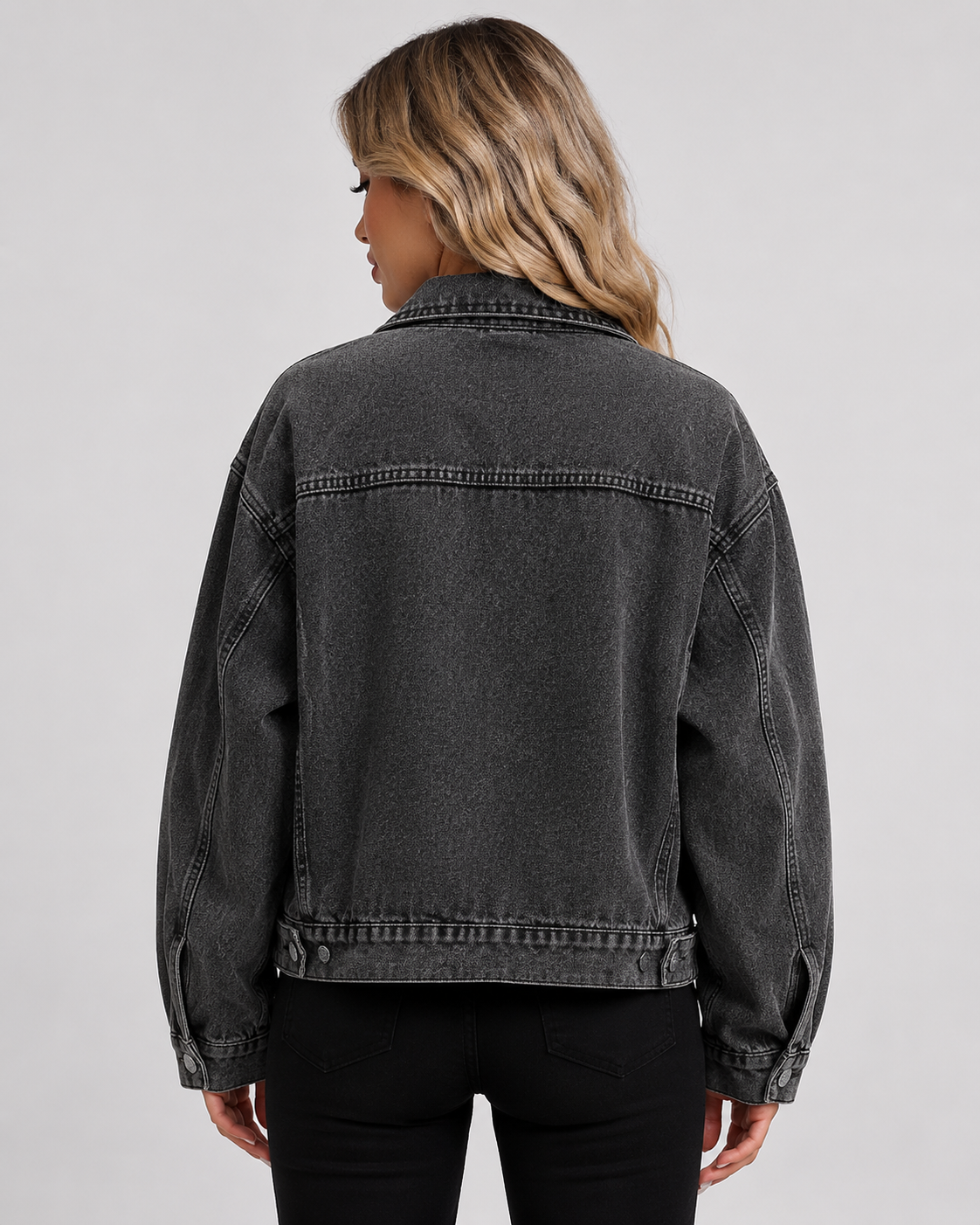 Women's Oversized Lantern Sleeve Denim Jacket Casual Button Up Vintage Washed Blue Jean Jacket