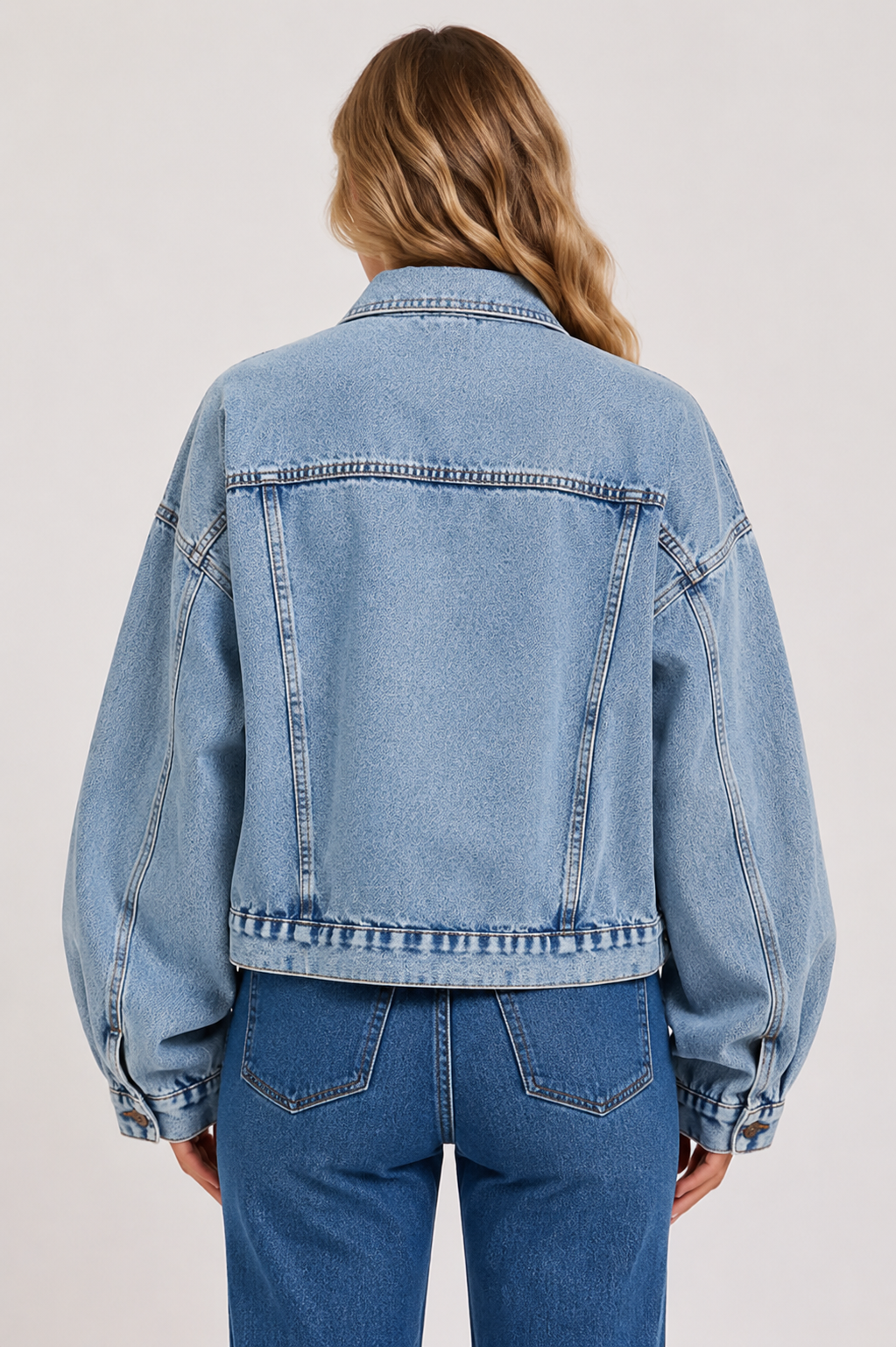 Women's Oversized Lantern Sleeve Denim Jacket Casual Button Up Vintage Washed Blue Jean Jacket