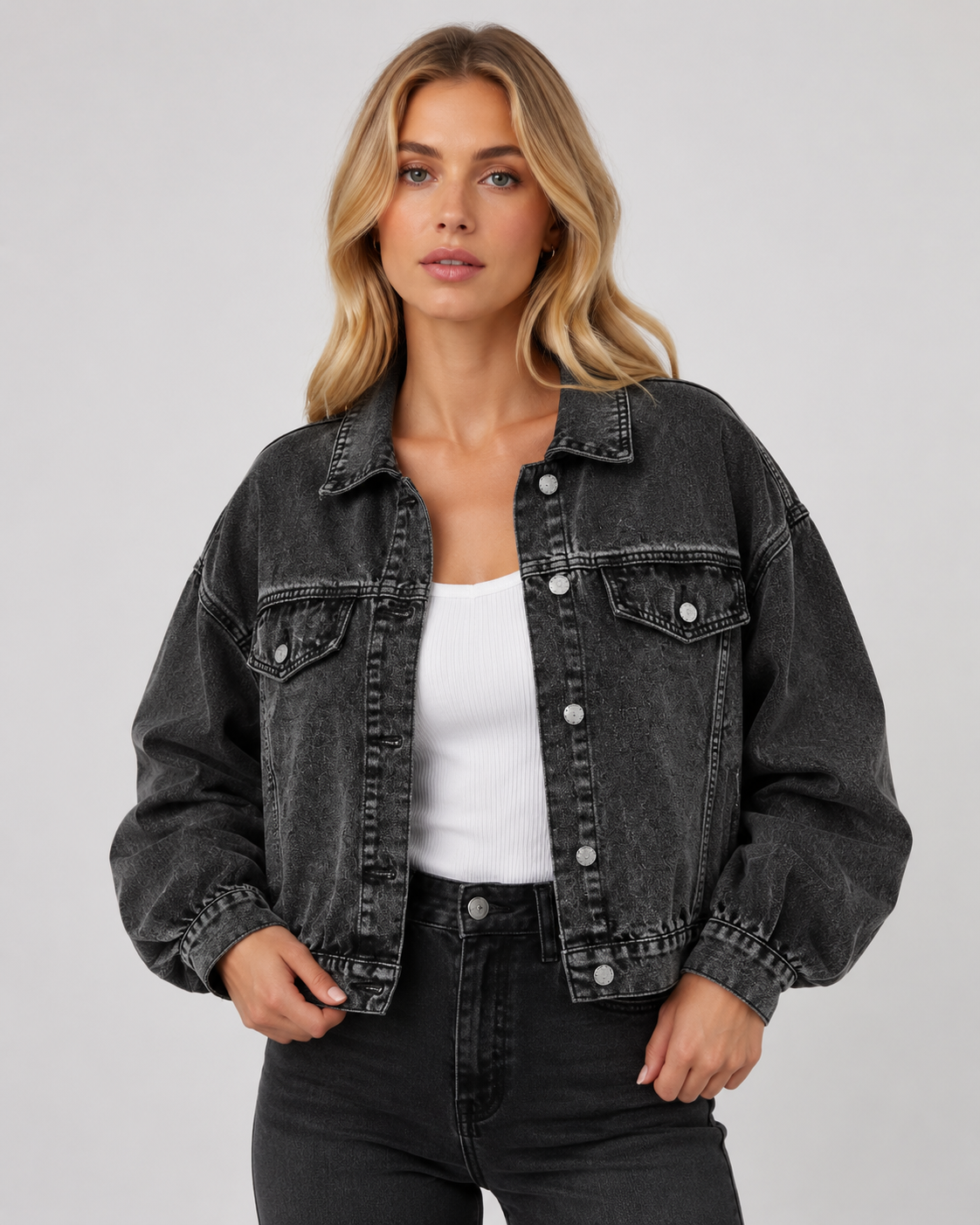 Women's Oversized Lantern Sleeve Denim Jacket Casual Button Up Vintage Washed Blue Jean Jacket