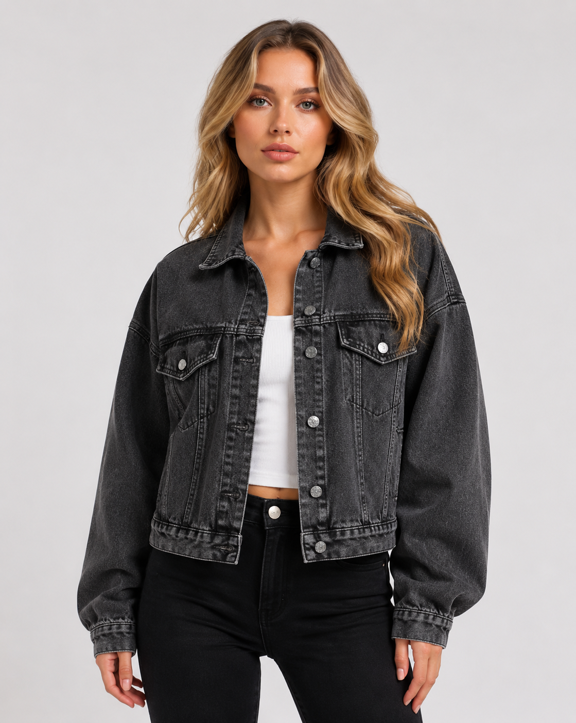 Women's Oversized Lantern Sleeve Denim Jacket Casual Button Up Vintage Washed Blue Jean Jacket