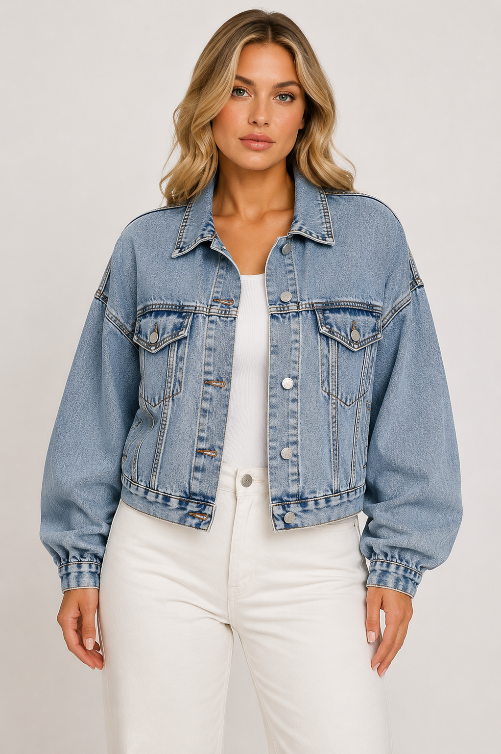 Women's Oversized Lantern Sleeve Denim Jacket Casual Button Up Vintage Washed Blue Jean Jacket