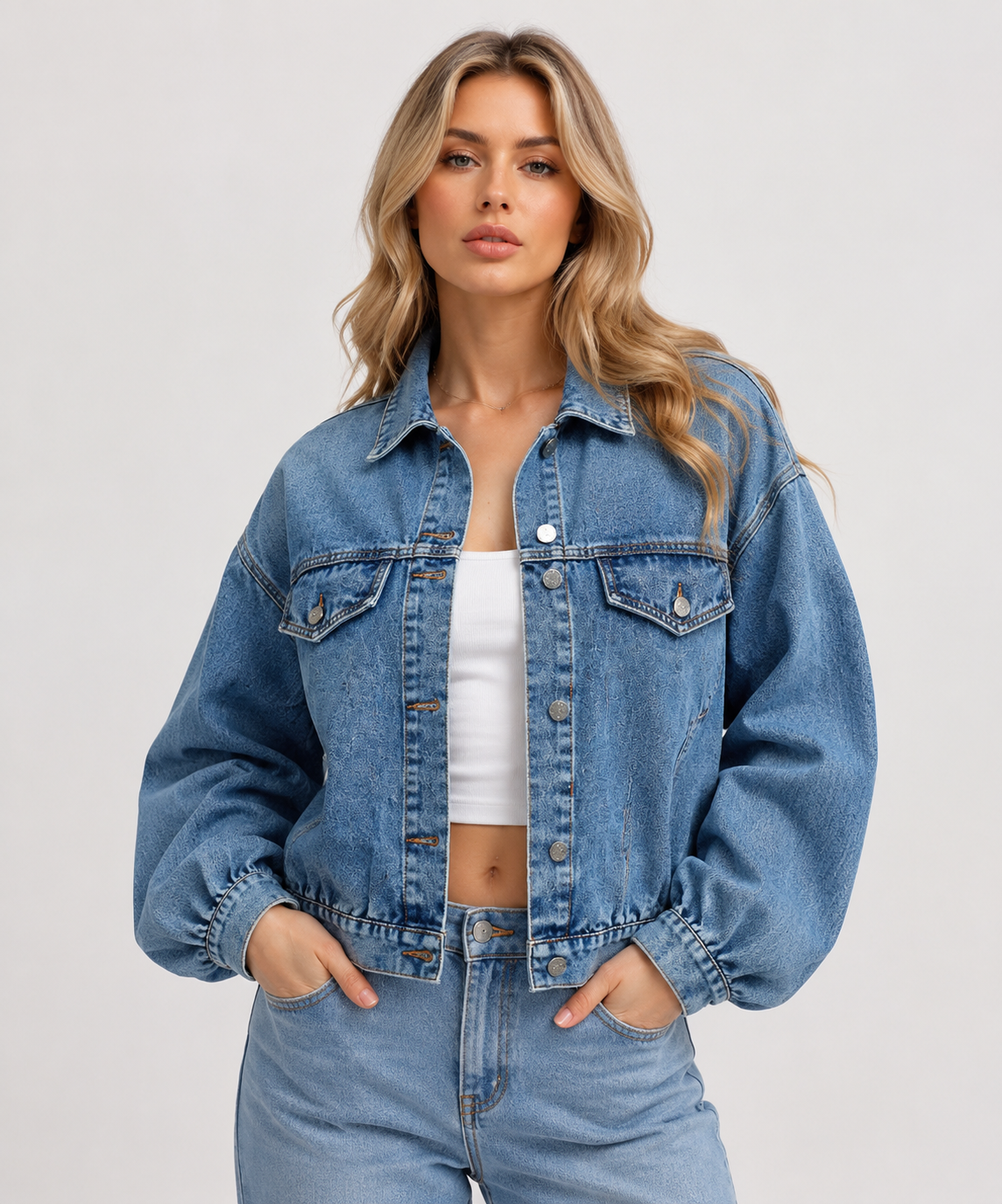 Women's Oversized Lantern Sleeve Denim Jacket Casual Button Up Vintage Washed Blue Jean Jacket