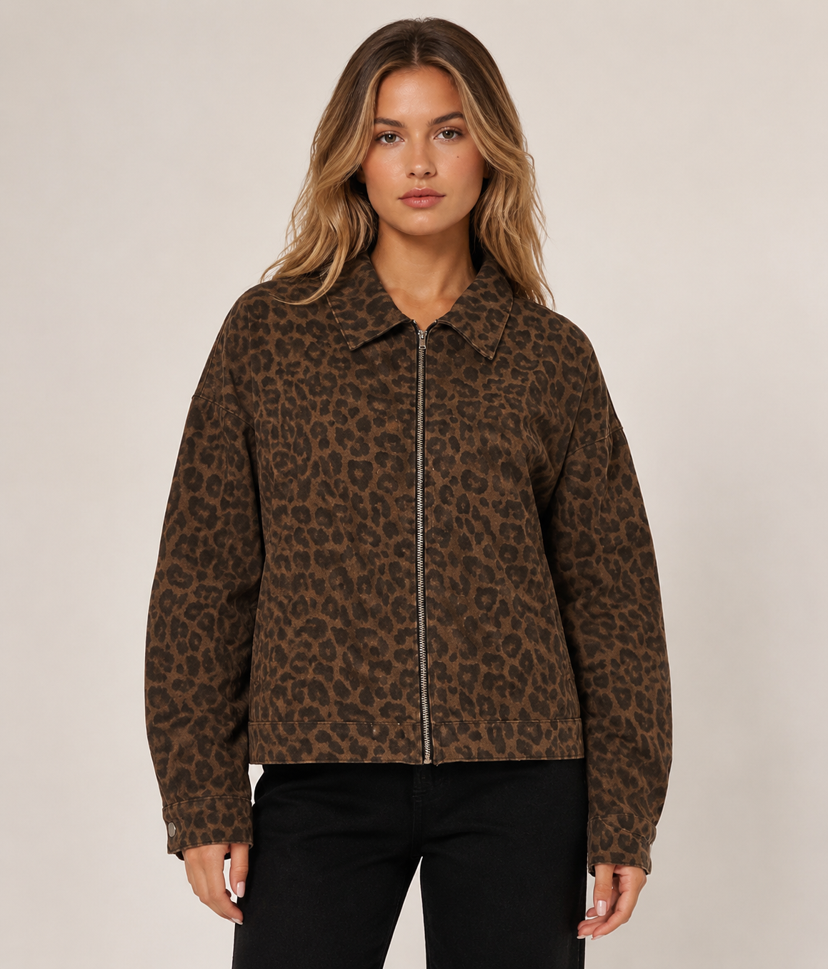 Women's Oversized Leopard Print Denim Jacket Casual Button Up Long Sleeve Shacket Coat