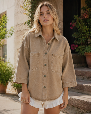 Women's Oversized Denim Shirt Casual Button Up Sleeve Washed Denim Blouse with Chest Pocket