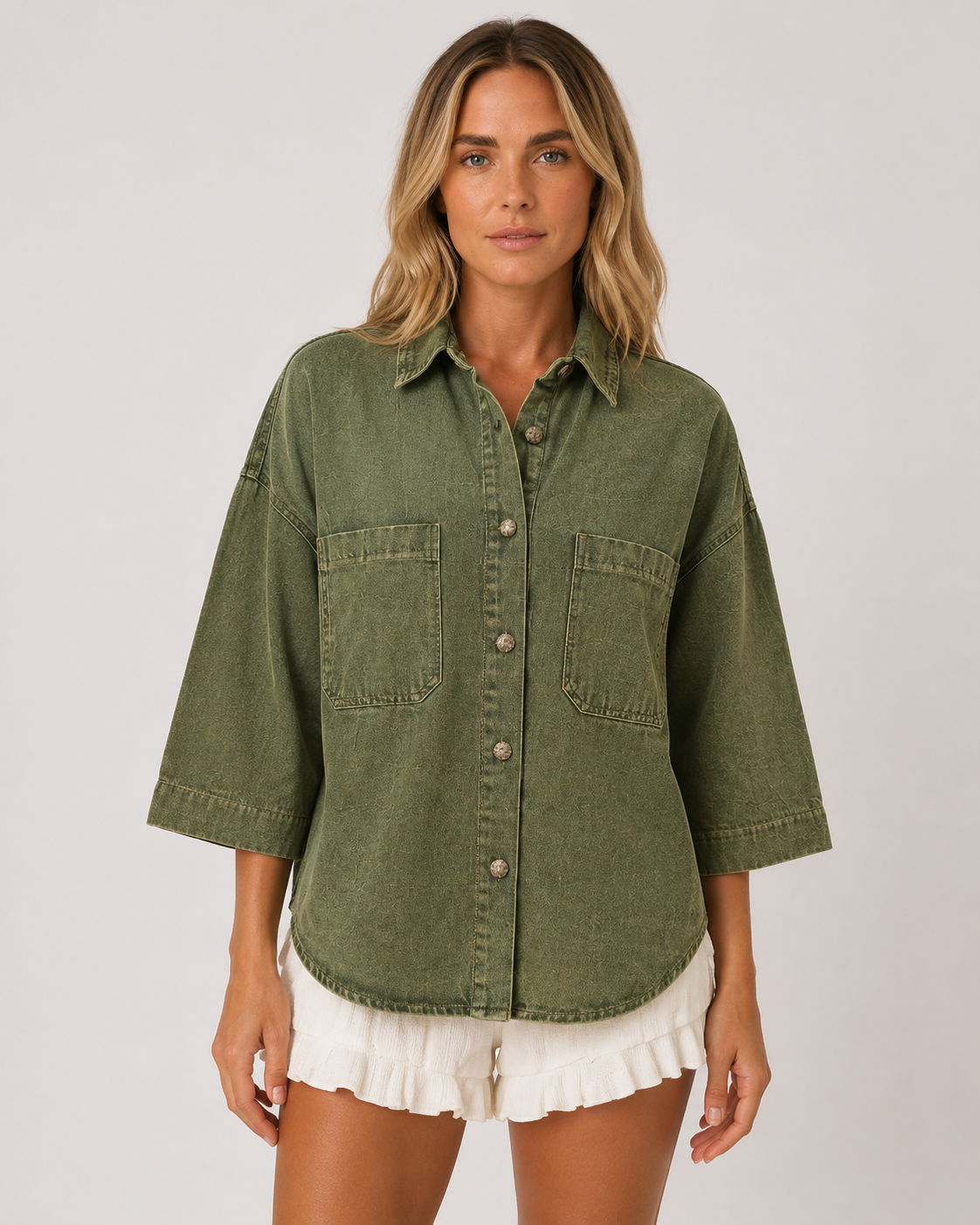 Women's Oversized Denim Shirt Casual Button Up Sleeve Washed Denim Blouse with Chest Pocket