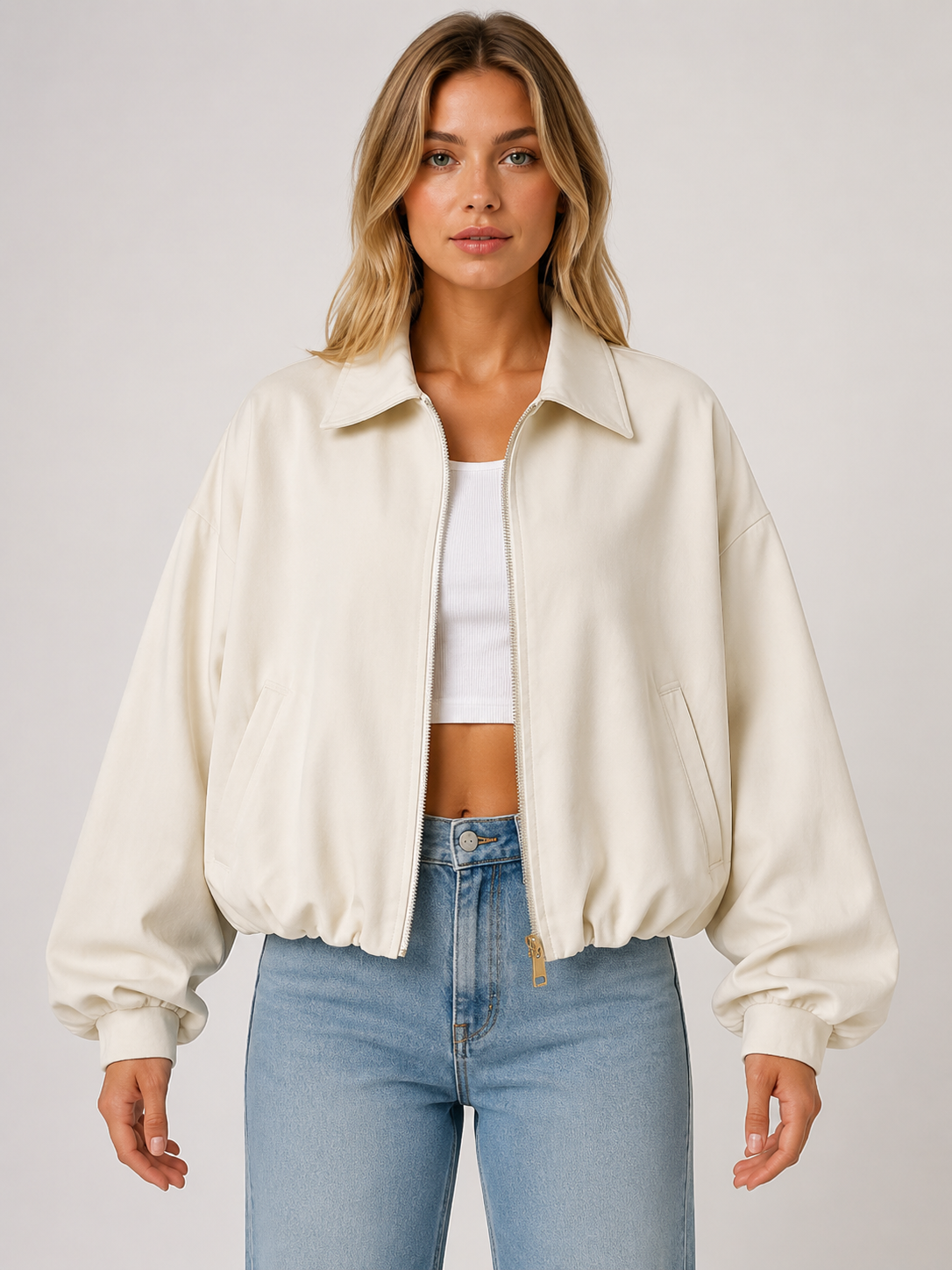 Women's Casual Zip Front Utility Jacket Long Sleeve Lapel Collar Lightweight Spring & Autumn Coat