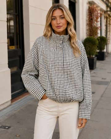 Women's Oversized Checkered Bomber Jacket  Lightweight Zip-Up Casual Streetwear Coat