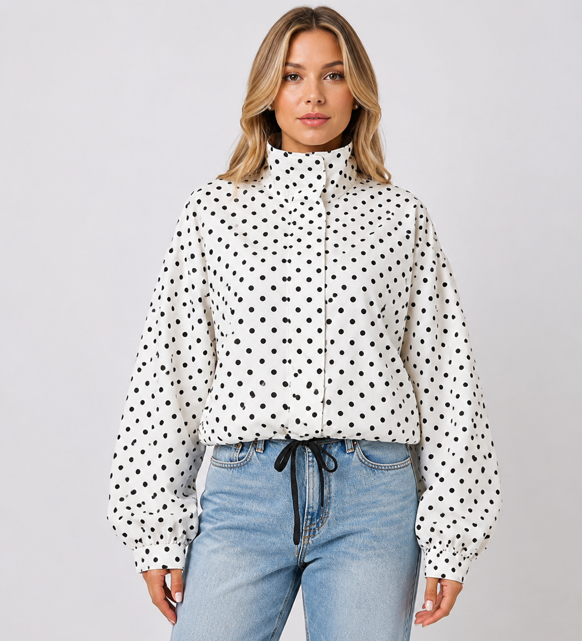 Women's Polka Dot Bomber Jacket Lightweight Zip-Up Casual Streetwear Jacket