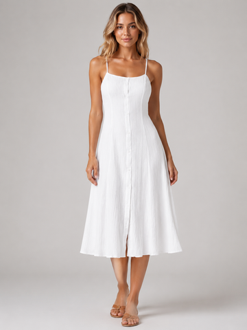 White Casual Cami Dress Women's French Front Button Beach Vacation Maxi Dress