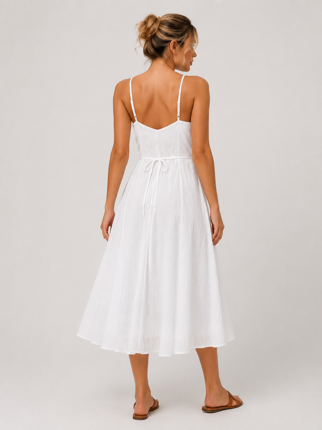 White Casual Cami Dress Women's French Front Button Beach Vacation Maxi Dress