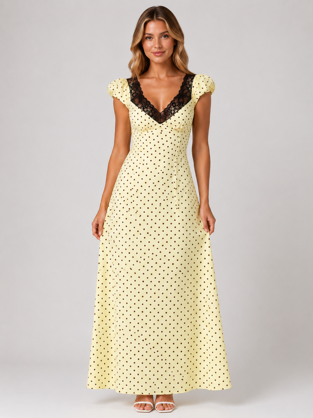 Polka Dot Puff Sleeve A Line Midi Dress  Women's Heart Neckline Lace Trim Dress