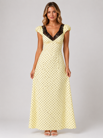 Polka Dot Puff Sleeve A Line Midi Dress  Women's Heart Neckline Lace Trim Dress