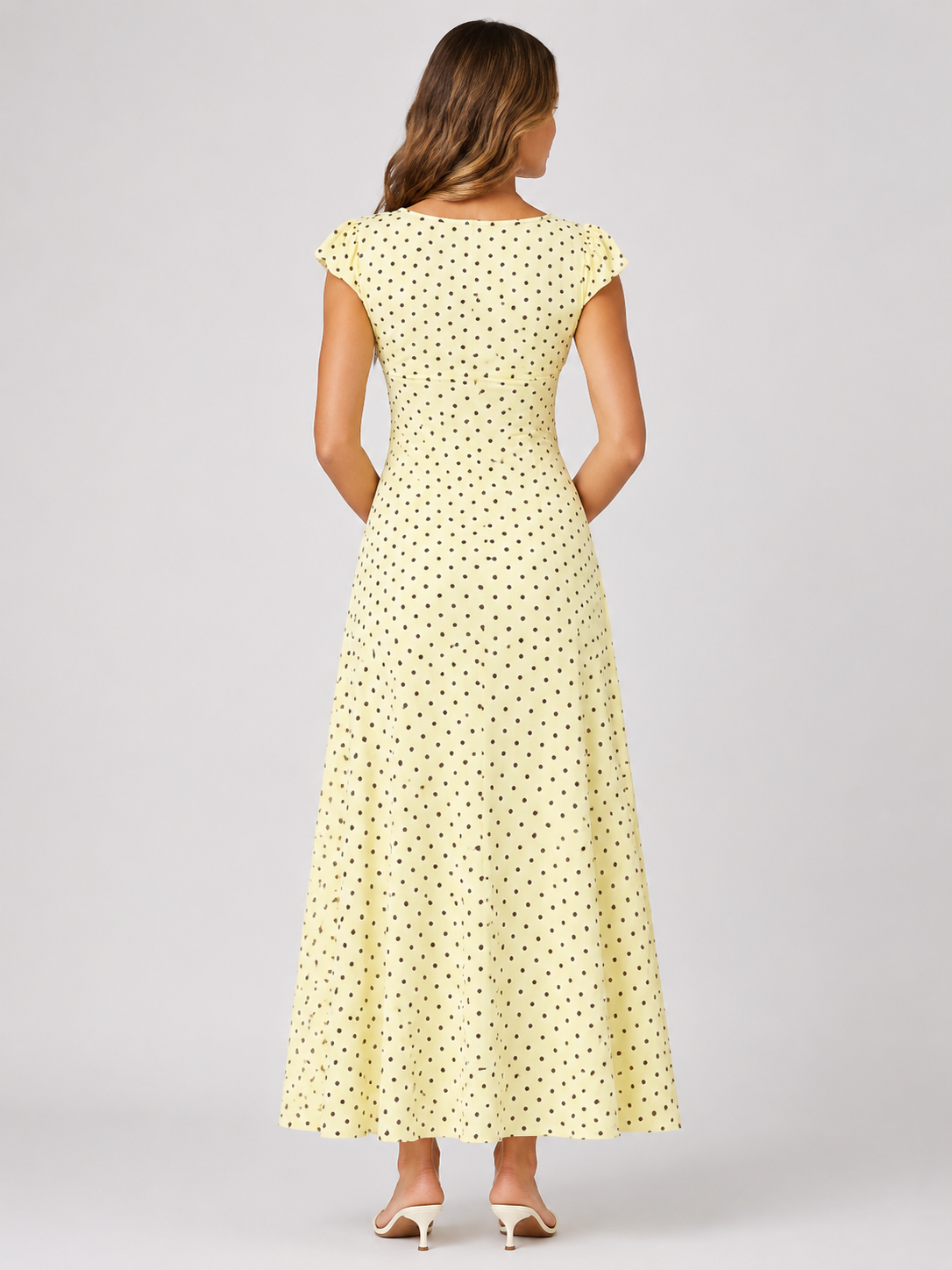 Polka Dot Puff Sleeve A Line Midi Dress  Women's Heart Neckline Lace Trim Dress