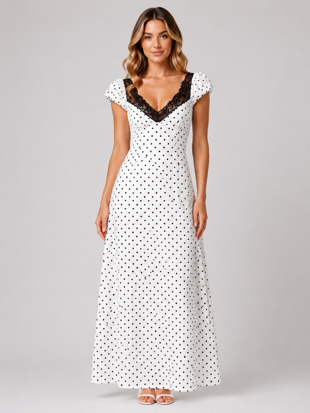 Polka Dot Puff Sleeve A Line Midi Dress  Women's Heart Neckline Lace Trim Dress