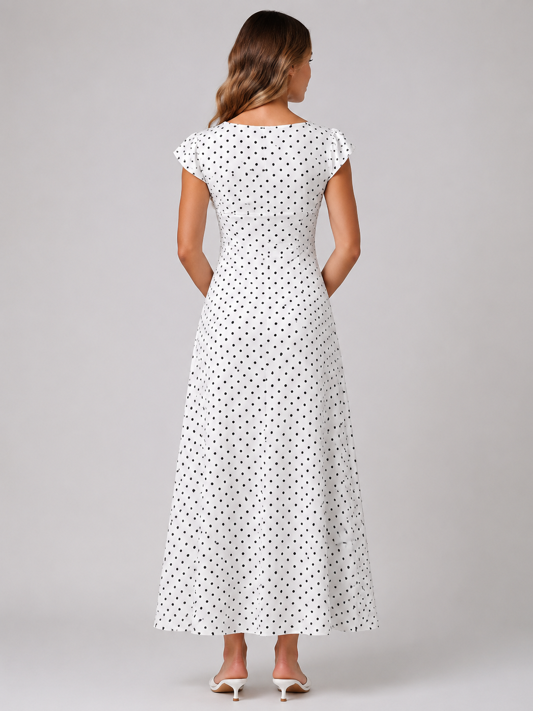 Polka Dot Puff Sleeve A Line Midi Dress  Women's Heart Neckline Lace Trim Dress