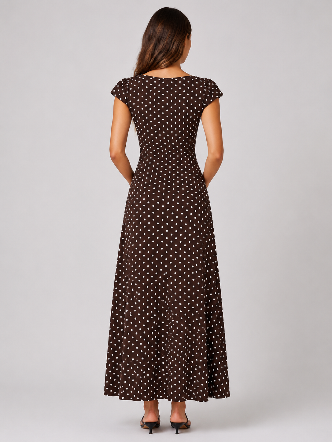 Polka Dot Puff Sleeve A Line Midi Dress  Women's Heart Neckline Lace Trim Dress