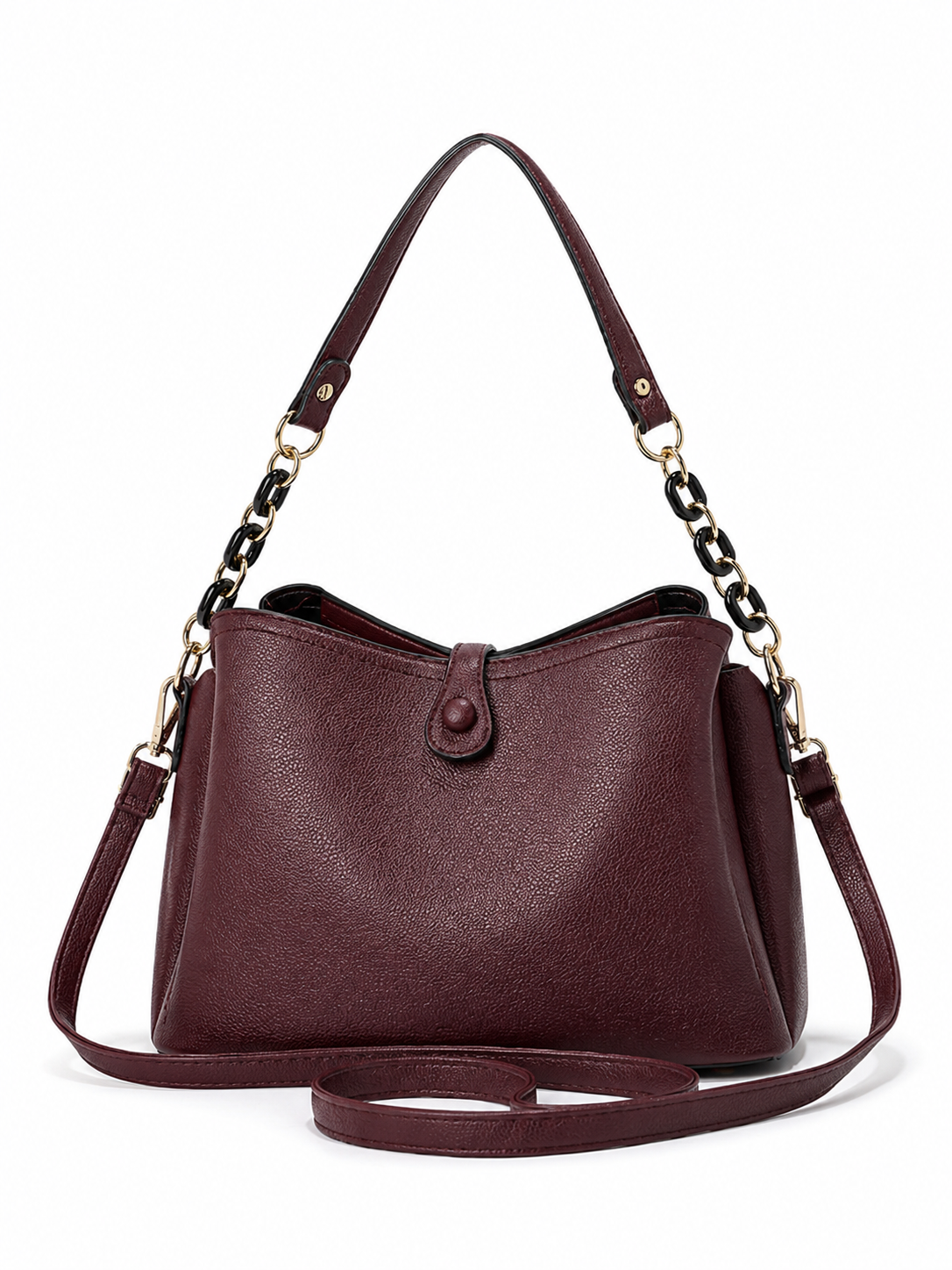Women’s PU Leather Bucket Shoulder Bag with Chain Strap and Phone Wallet