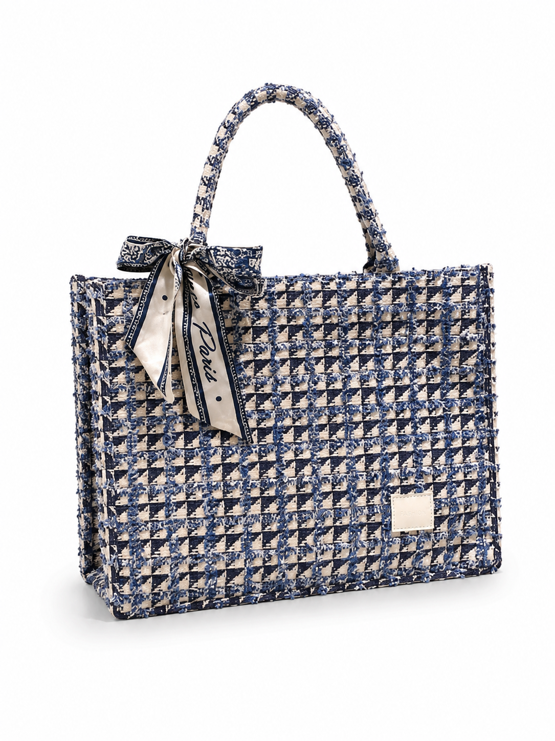 Blue and White Tweed Tote Bag with Scarf Large Shoulder Handbag for Women Office Work Everyday Carry