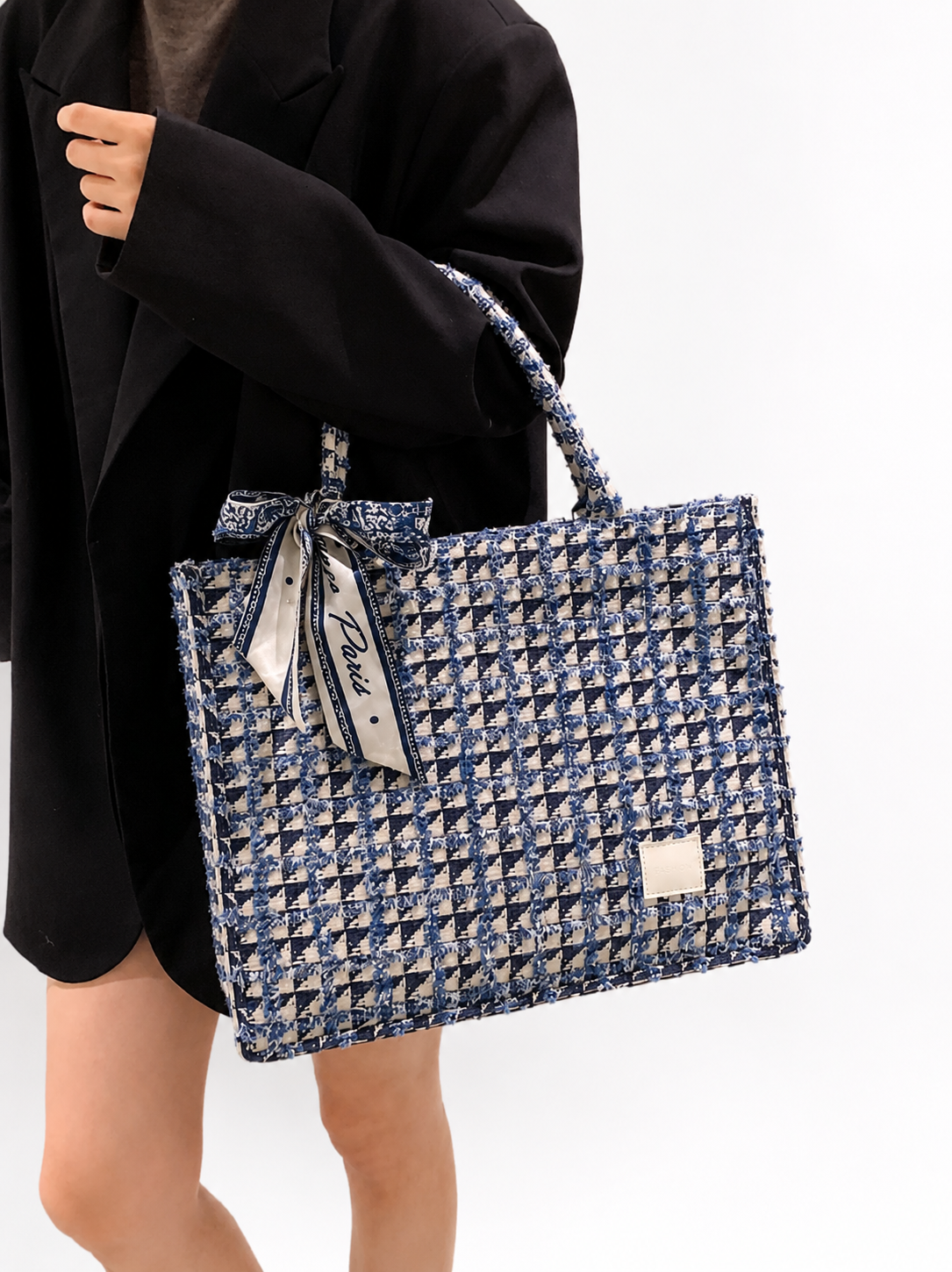 Blue and White Tweed Tote Bag with Scarf Large Shoulder Handbag for Women Office Work Everyday Carry