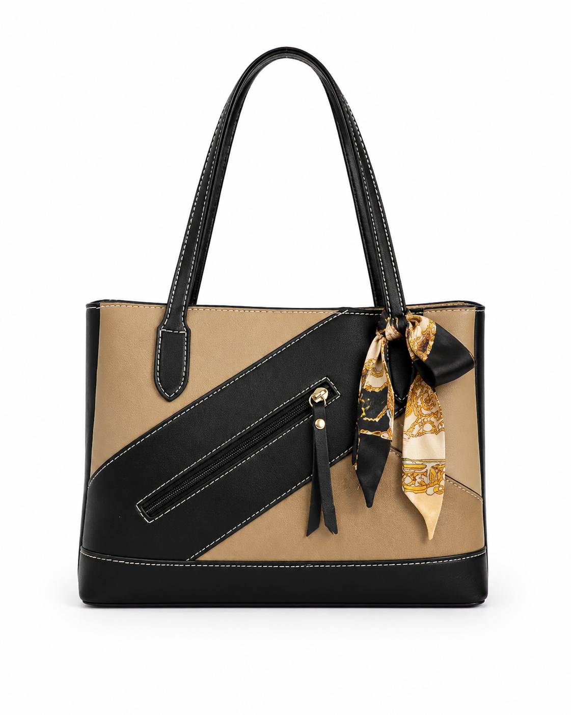 Multicolor Color Block PU Leather Tote Bag with Scarf Large Shoulder Handbag for Women Office Work Everyday Carry
