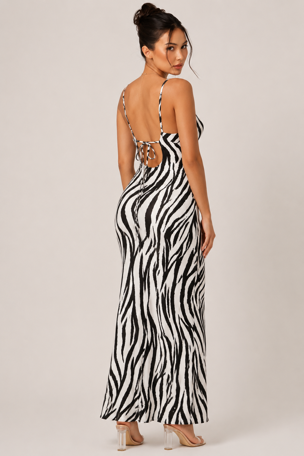 Mia Women's Printed Tie-Up Body con Maxi Dress – Summer Vacation Spaghetti Strap Dress