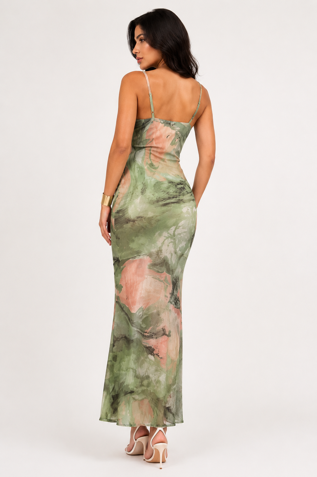 Women's Elegant Sage Green Abstract Floral Draped Neck Body con Maxi Dress