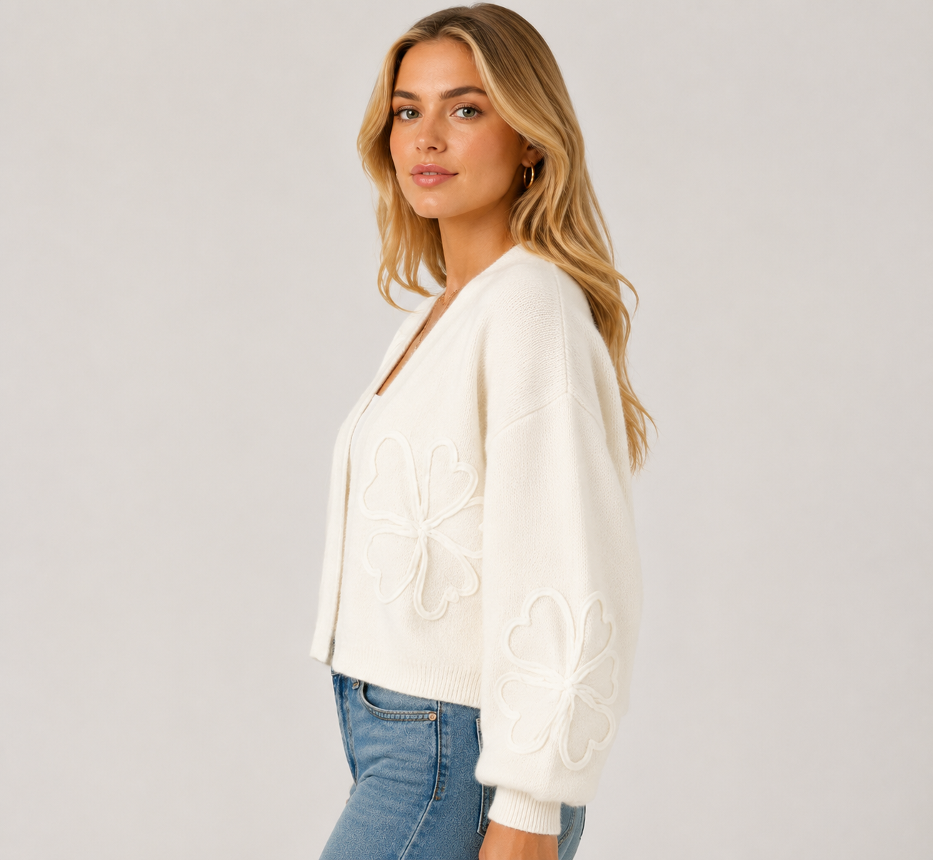 Women's Embroidered Knit Cardigan Long Sleeve Floral Button Front Cropped Sweater