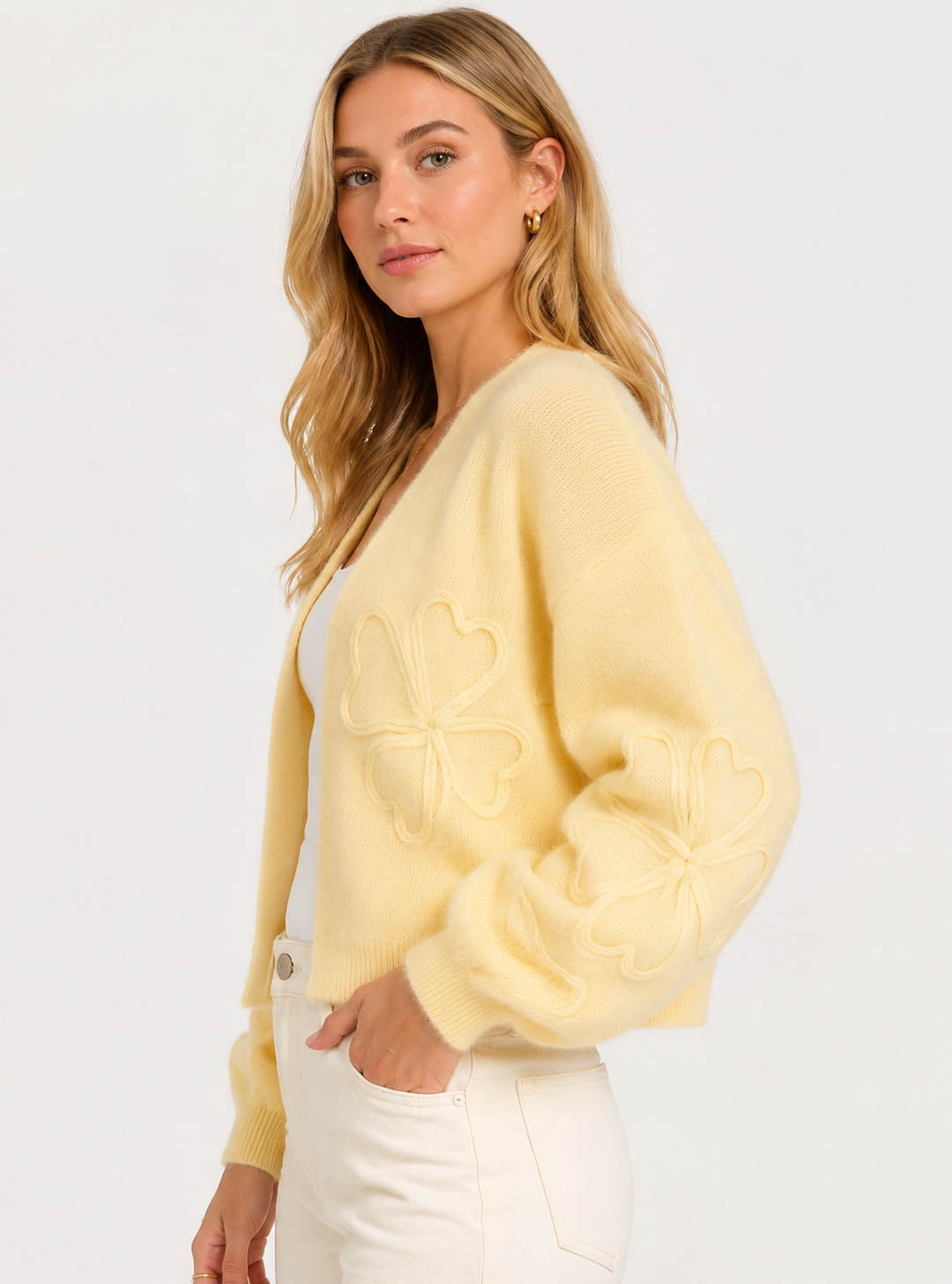 Women's Embroidered Knit Cardigan Long Sleeve Floral Button Front Cropped Sweater