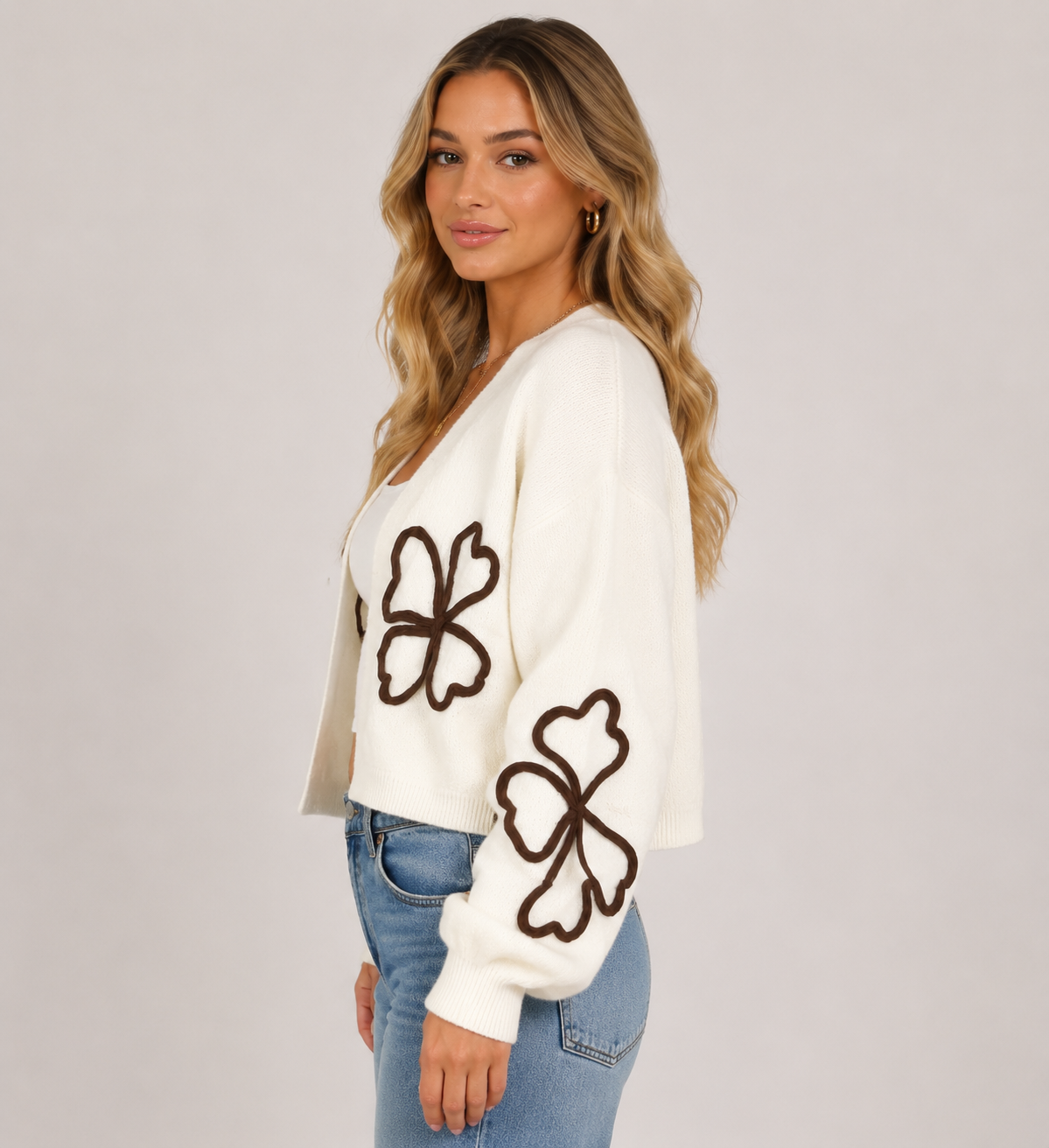 Women's Embroidered Knit Cardigan Long Sleeve Floral Button Front Cropped Sweater