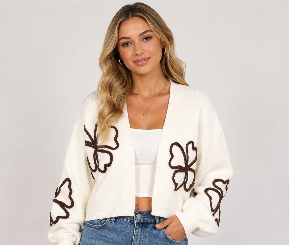 Women's Embroidered Knit Cardigan Long Sleeve Floral Button Front Cropped Sweater