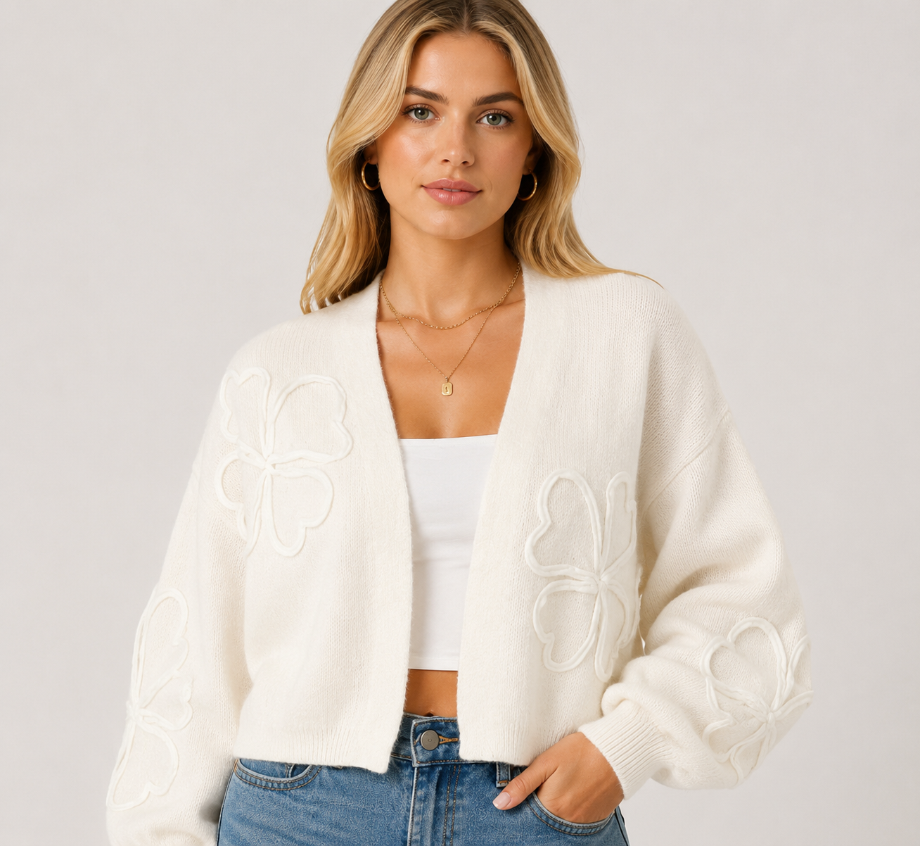 Women's Embroidered Knit Cardigan Long Sleeve Floral Button Front Cropped Sweater