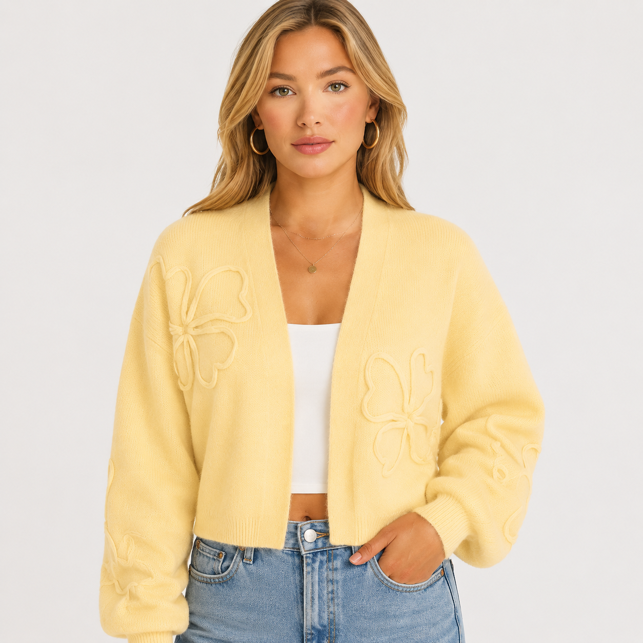 Women's Embroidered Knit Cardigan Long Sleeve Floral Button Front Cropped Sweater