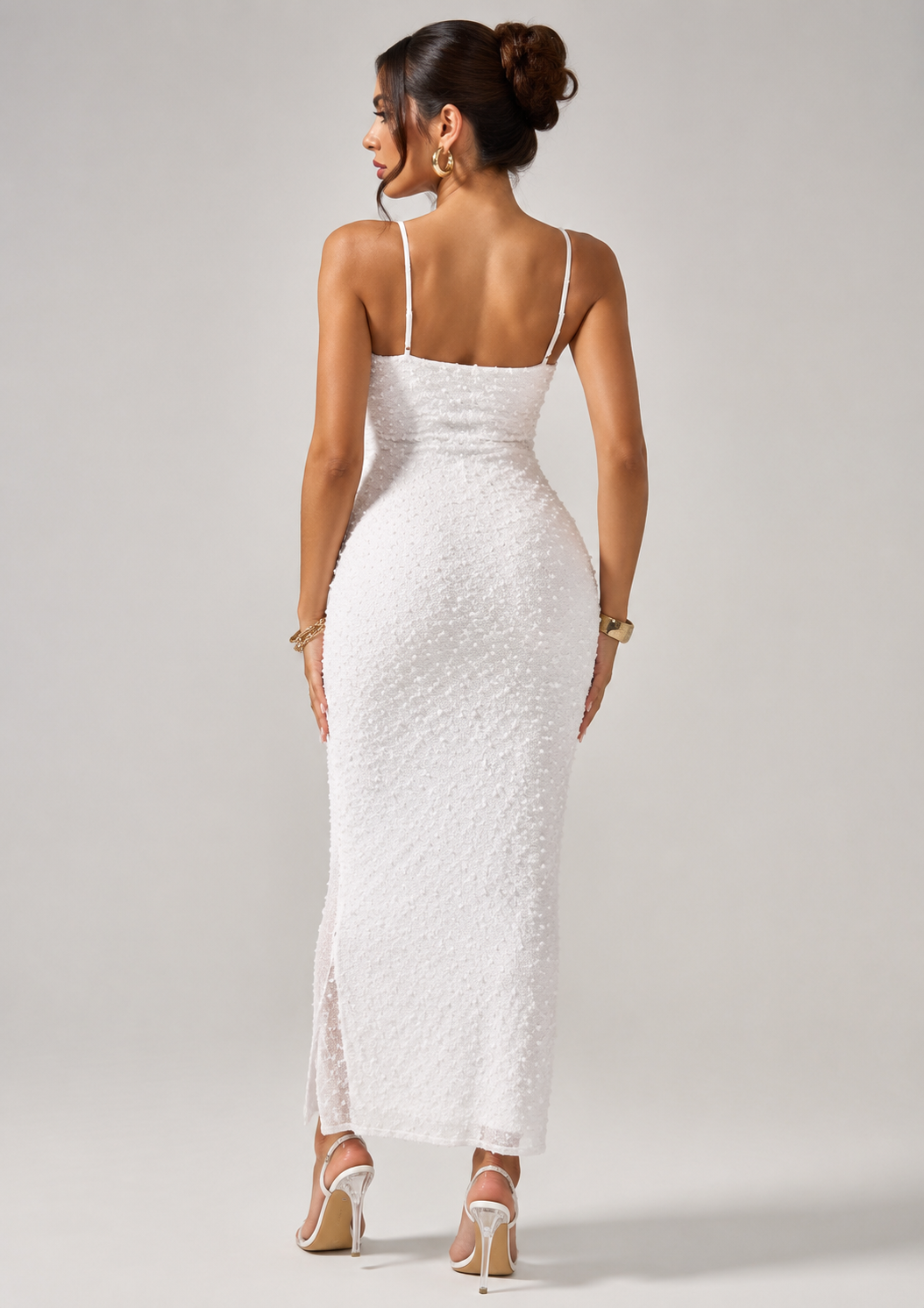Women's Textured Spaghetti Strap Body con Midi Dress – Elegant Summer Party, Graduation & Wedding Guest Dress