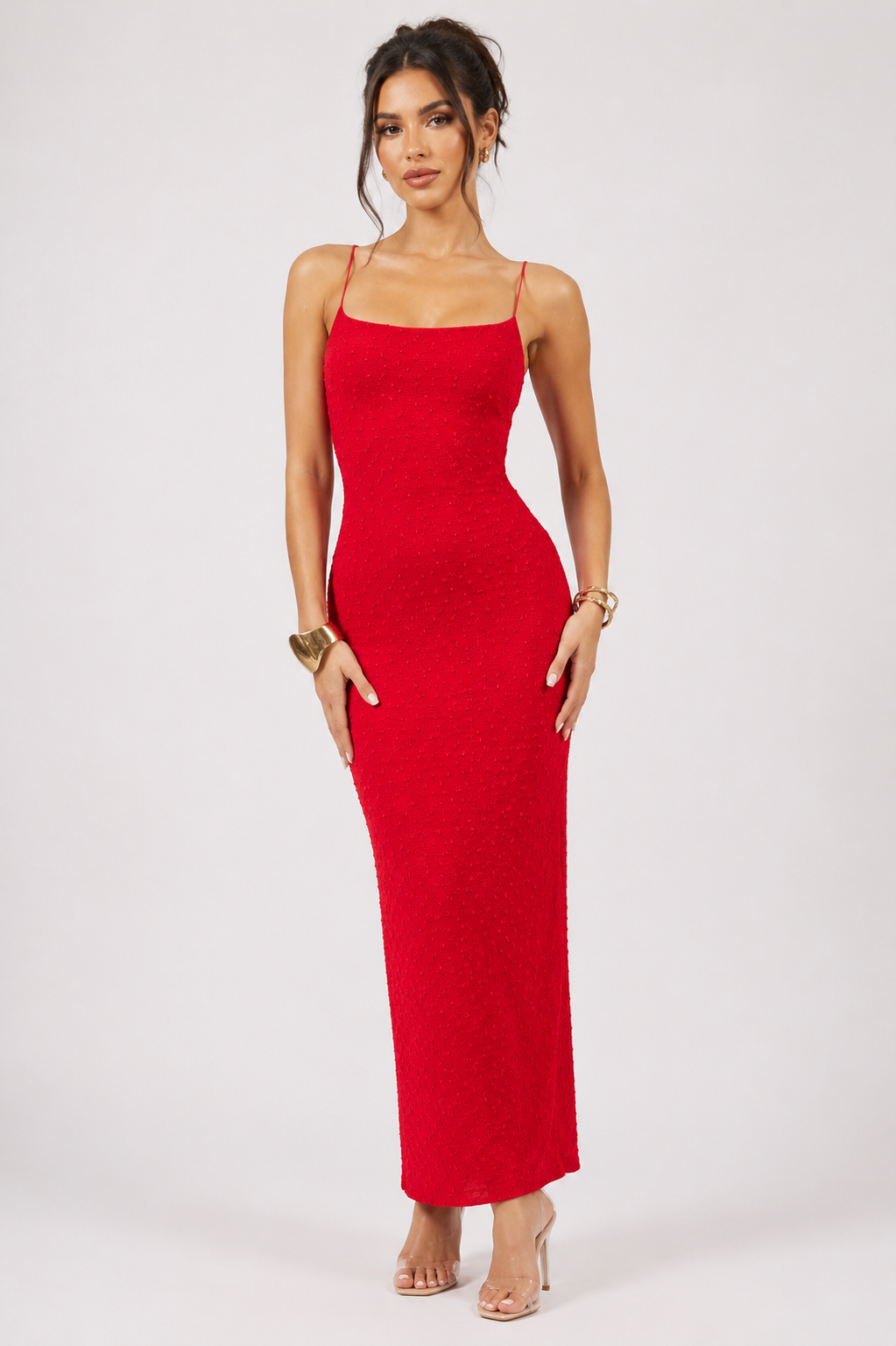 Women's Textured Spaghetti Strap Body con Midi Dress – Elegant Summer Party, Graduation & Wedding Guest Dress