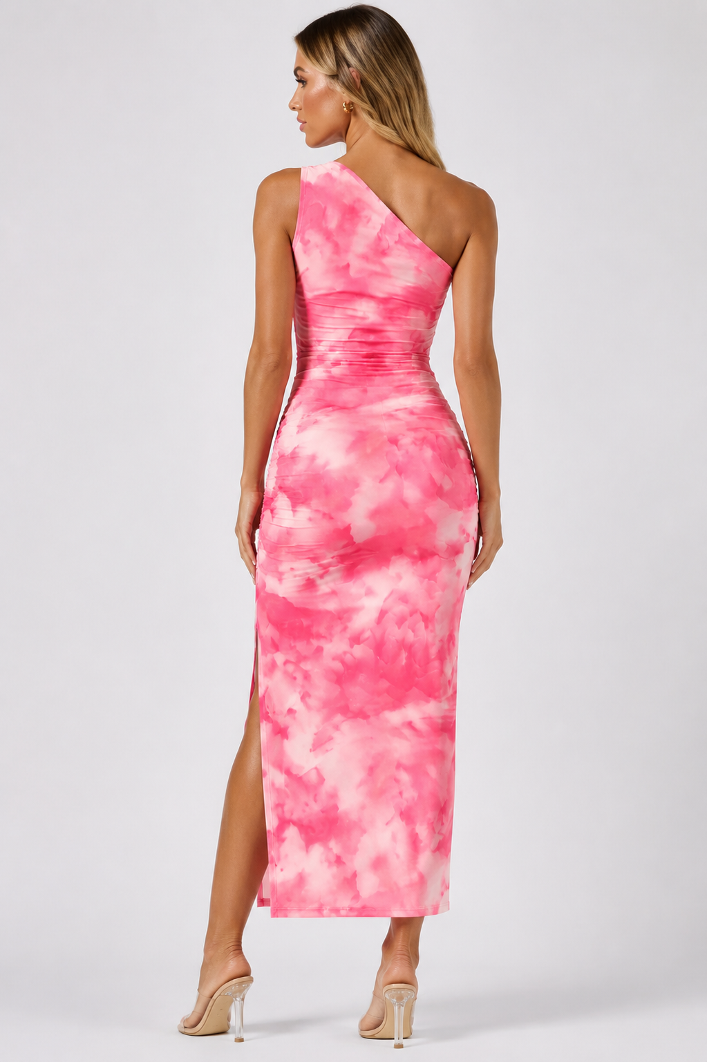 Women's One Shoulder Tie Dye Ruched Maxi Dress  Elegant Split Bodycon Holiday, Wedding Guest & Summer Occasion Dress