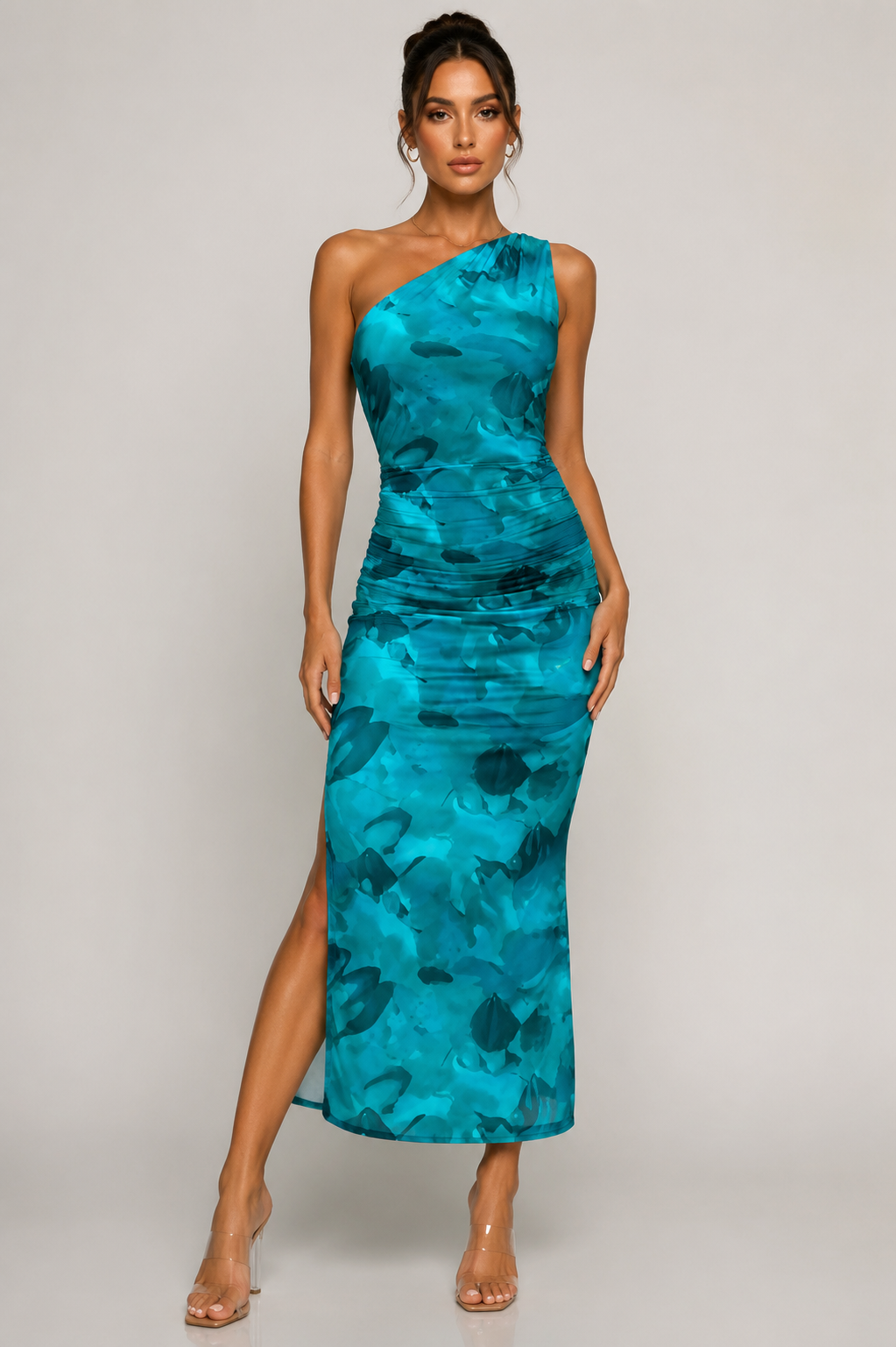 Women's One Shoulder Tie Dye Ruched Maxi Dress  Elegant Split Bodycon Holiday, Wedding Guest & Summer Occasion Dress
